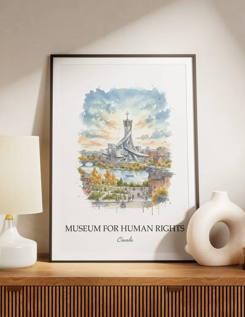 Vintage travel poster of Canadian Museum for Human Rights, Canada in a light frame displayed above a sofa in a bright boho interior.