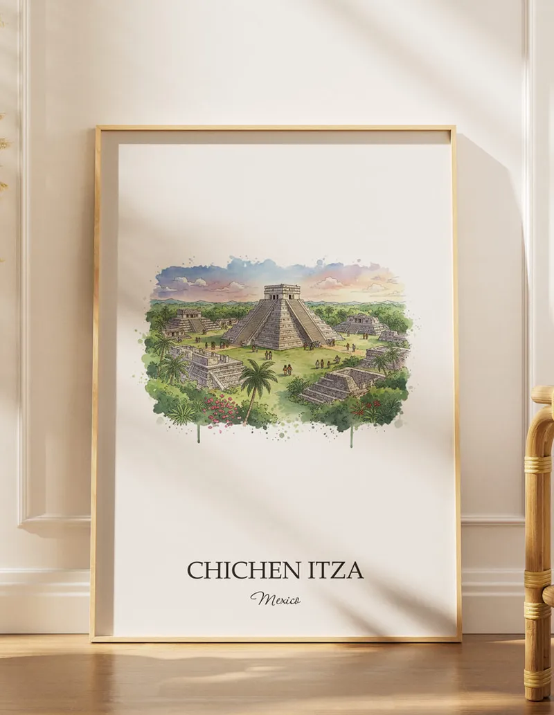Minimalist poster of Chichen Itza in Mexico in a light frame standing by a window in a boho style room.