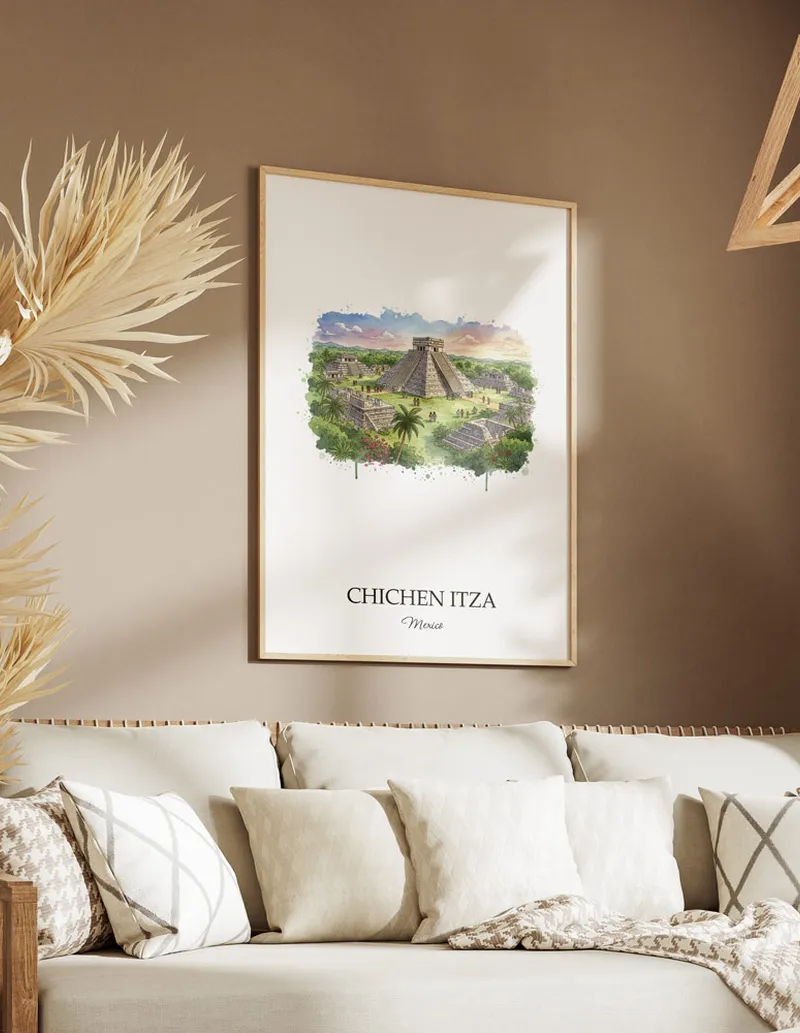 A clean and modern mockup showing a framed Chichen Itza, Mexico print on a minimalist background.
