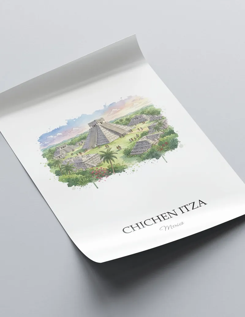 A lovely interior preview showcasing a vintage-vibe travel poster design of the scenic Chichen Itza in Mexico.