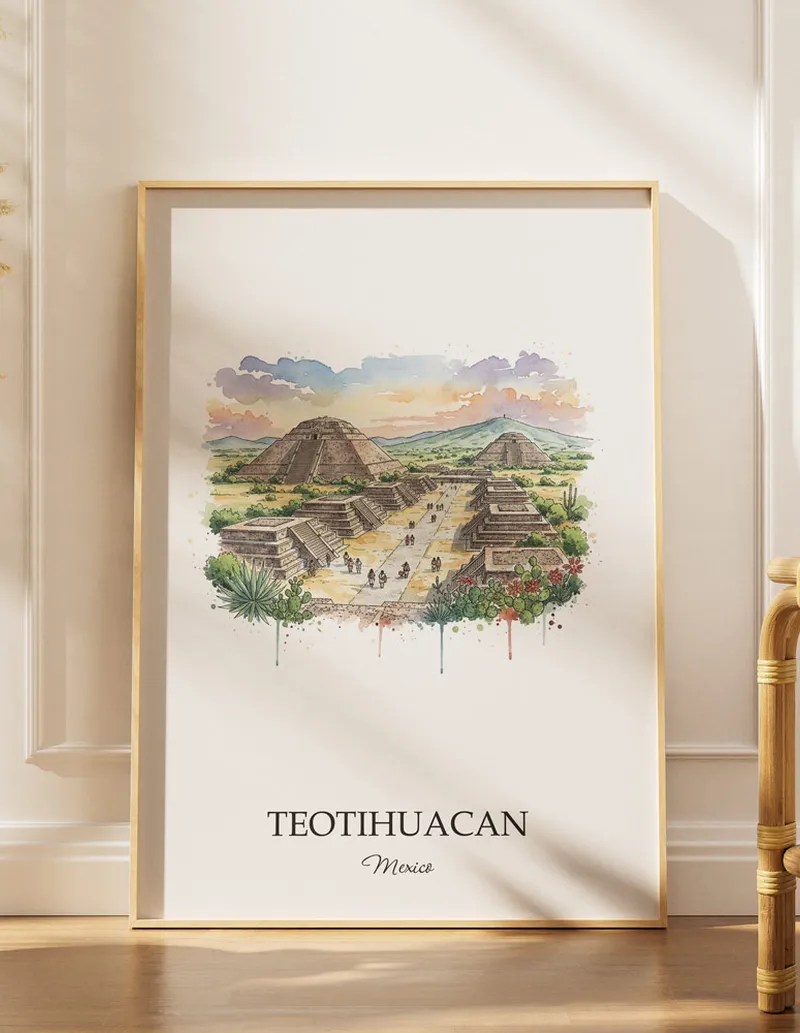 Minimalist poster of Teotihuacan in Mexico in a light frame standing by a window in a boho style room.
