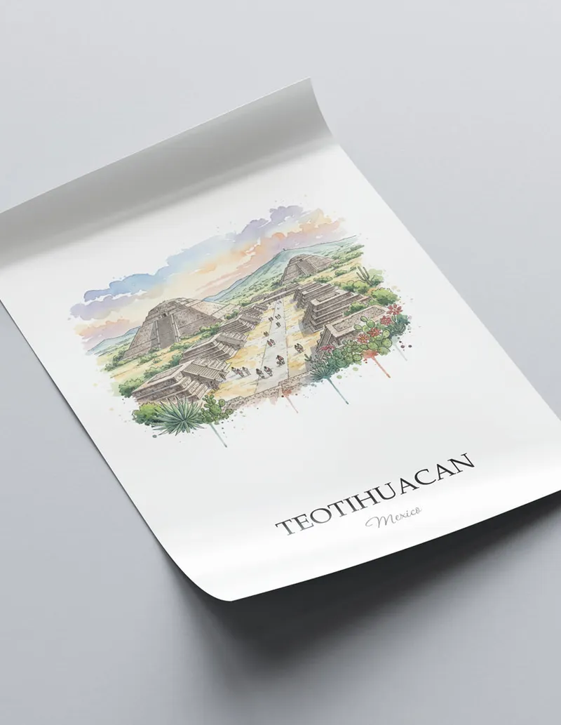 A lovely interior preview showcasing a vintage-vibe travel poster design of the scenic Teotihuacan in Mexico.