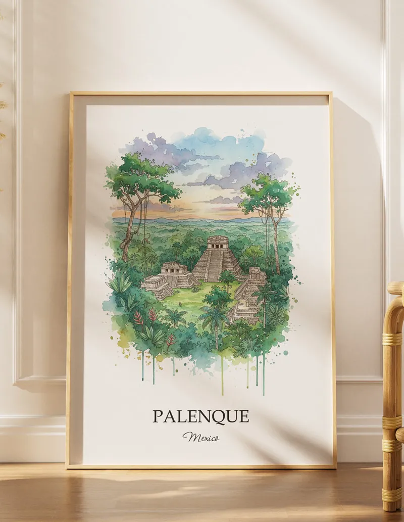 Minimalist poster of Palenque in Mexico in a light frame standing by a window in a boho style room.