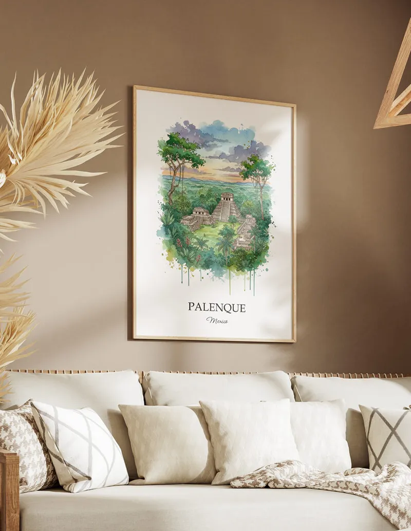 A clean and modern mockup showing a framed Palenque, Mexico print on a minimalist background.