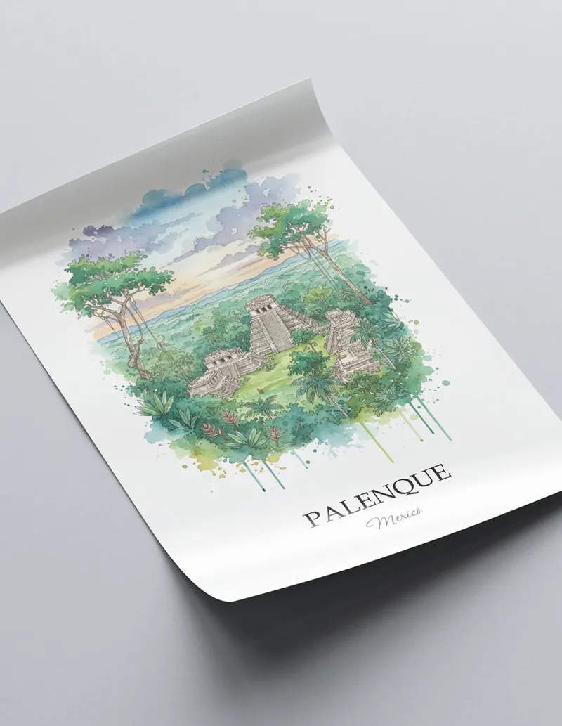 A lovely interior preview showcasing a vintage-vibe travel poster design of the scenic Palenque in Mexico.