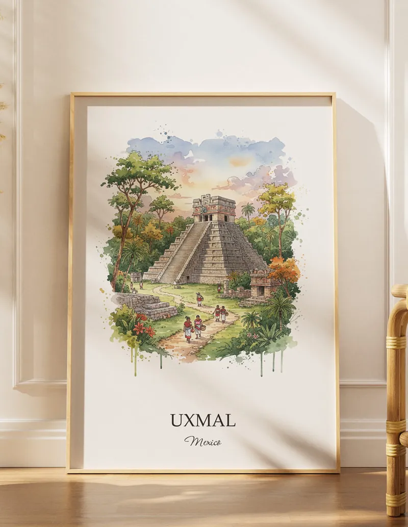 Minimalist poster of Uxmal in Mexico in a light frame standing by a window in a boho style room.