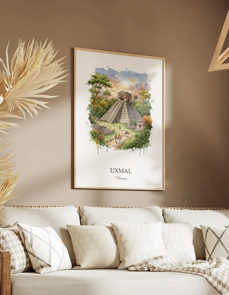 A clean and modern mockup showing a framed Uxmal, Mexico print on a minimalist background.