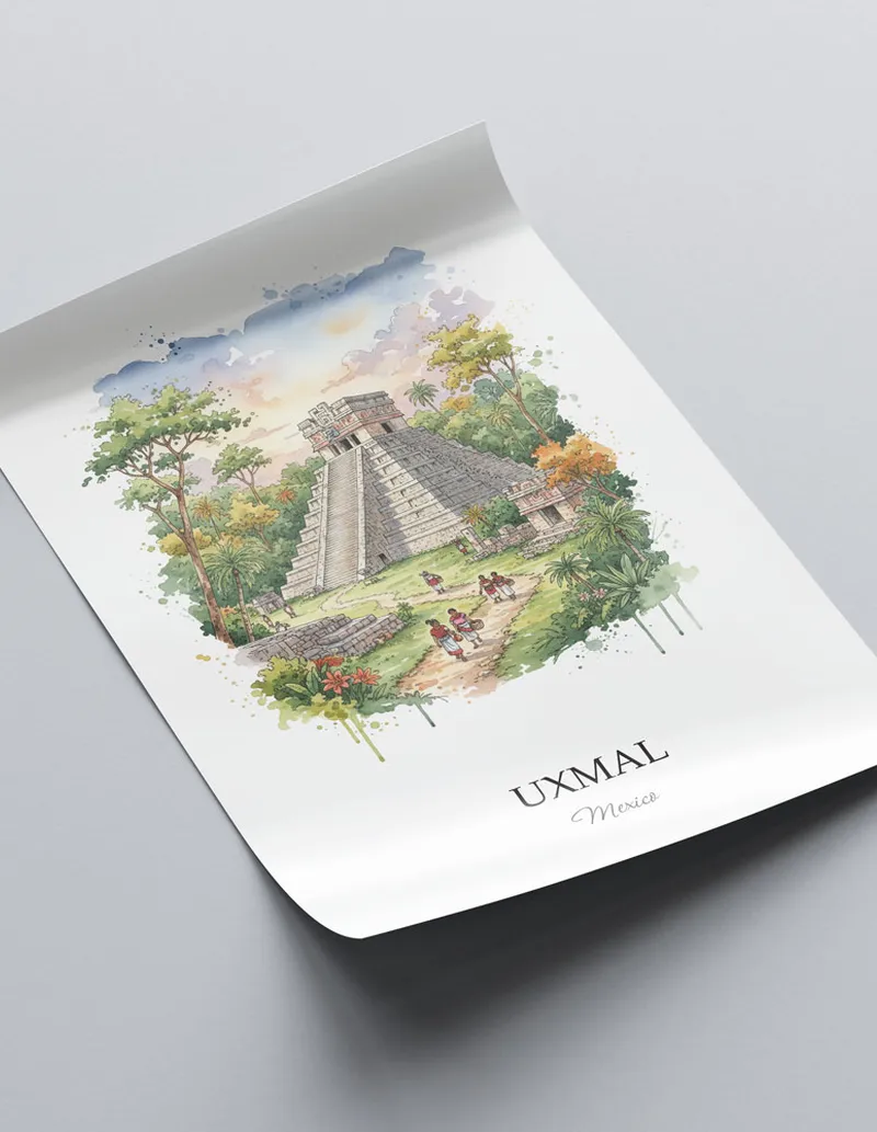 A lovely interior preview showcasing a vintage-vibe travel poster design of the scenic Uxmal in Mexico.