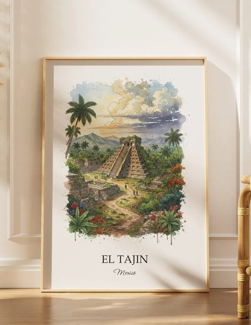 Minimalist poster of El Tajin in Mexico in a light frame standing by a window in a boho style room.