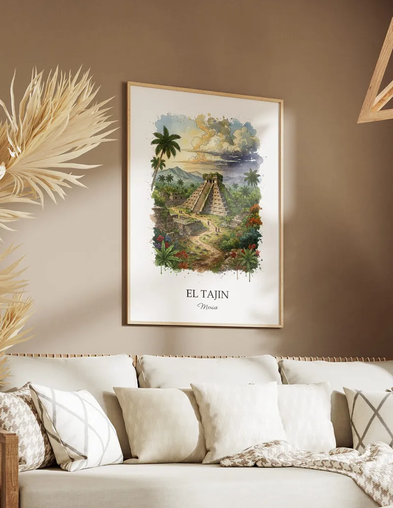 A clean and modern mockup showing a framed El Tajin, Mexico print on a minimalist background.