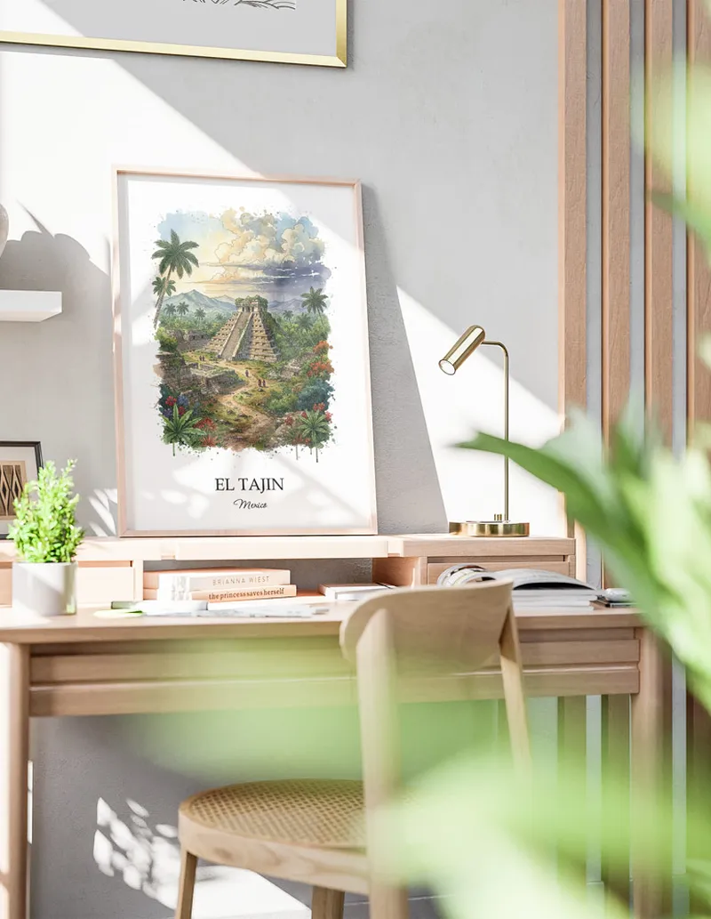 Framed wall art featuring El Tajin in Mexico in a light wood frame leaning on the floor.