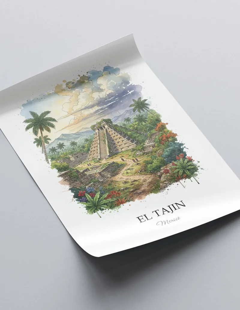 A lovely interior preview showcasing a vintage-vibe travel poster design of the scenic El Tajin in Mexico.