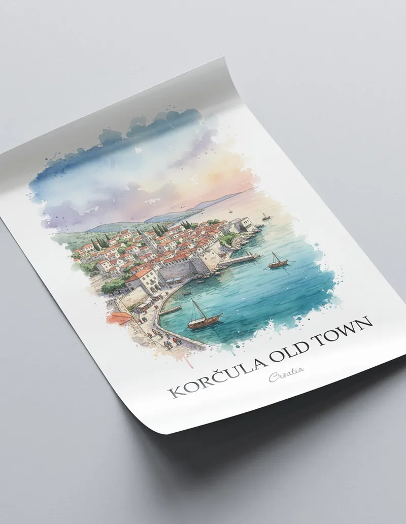 A close-up of a high-quality paper print featuring the Kor_ula Old Town in Croatia minimalist design.