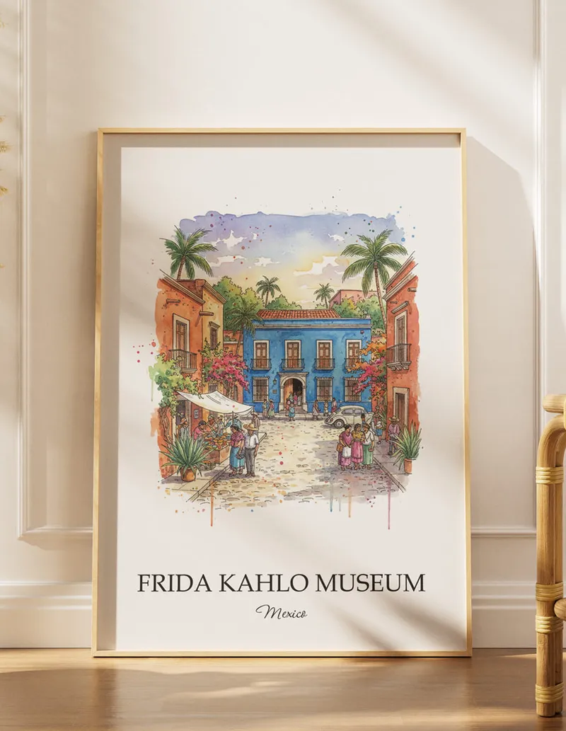 Minimalist poster of Frida Kahlo Museum in Mexico in a light frame standing by a window in a boho style room.