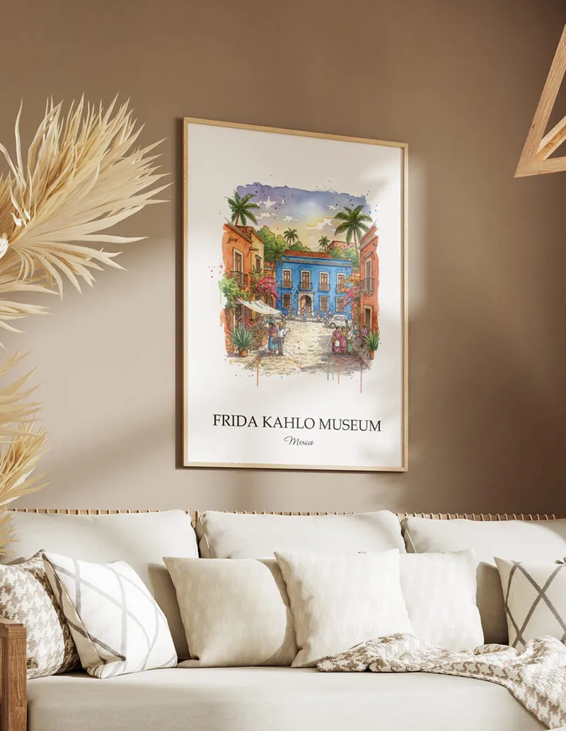 A clean and modern mockup showing a framed Frida Kahlo Museum, Mexico print on a minimalist background.