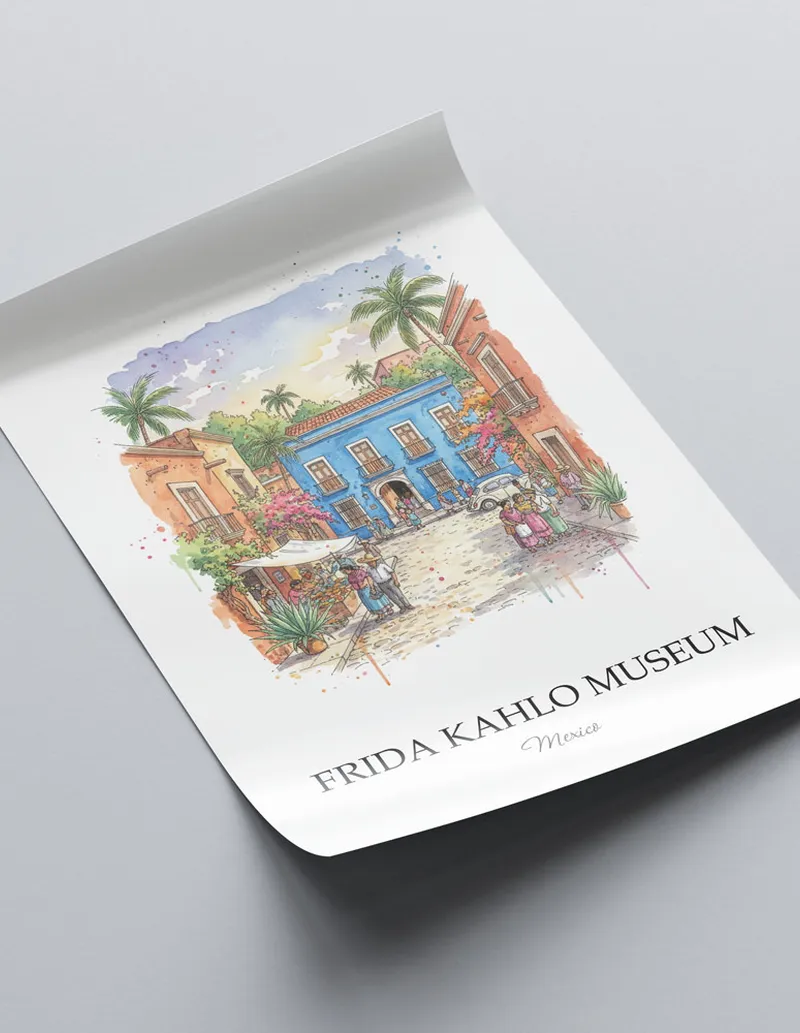A lovely interior preview showcasing a vintage-vibe travel poster design of the scenic Frida Kahlo Museum in Mexico.