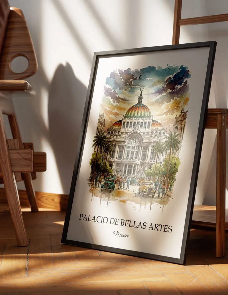 Framed wall art featuring Palacio de Bellas Artes, Mexico in a light wood frame hanging above a sofa in a modern living room.