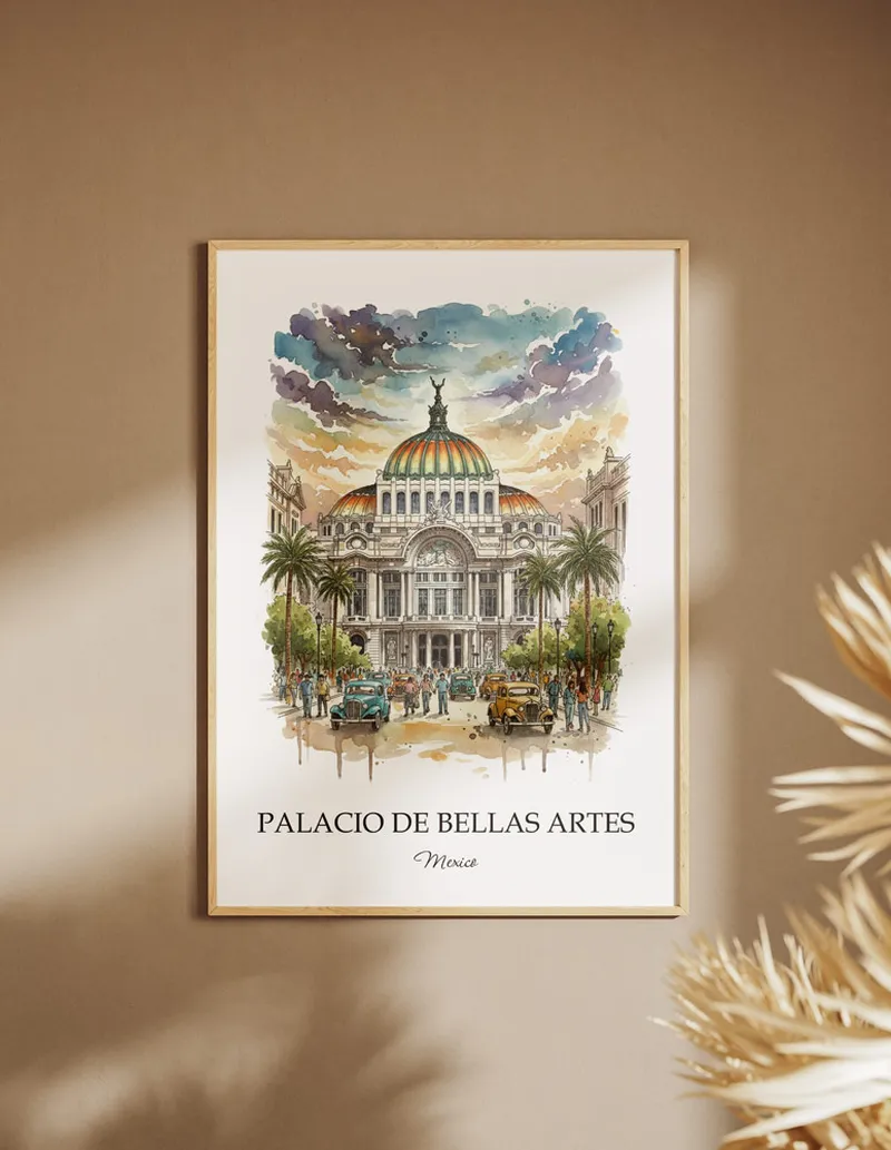 Minimalist poster of Palacio de Bellas Artes in Mexico in a light frame standing on the floor in a dark moody interior.