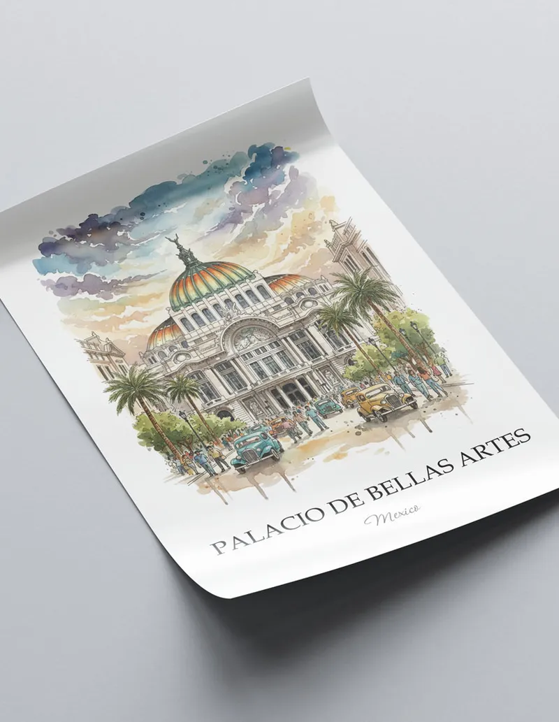 A lovely interior preview showcasing a vintage-vibe travel poster design of the scenic Palacio de Bellas Artes in Mexico.