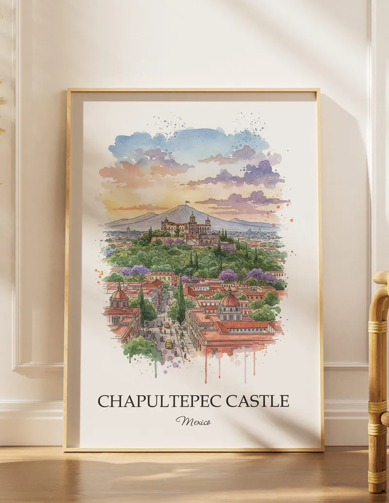 Minimalist poster of Chapultepec Castle in Mexico in a light frame standing by a window in a boho style room.