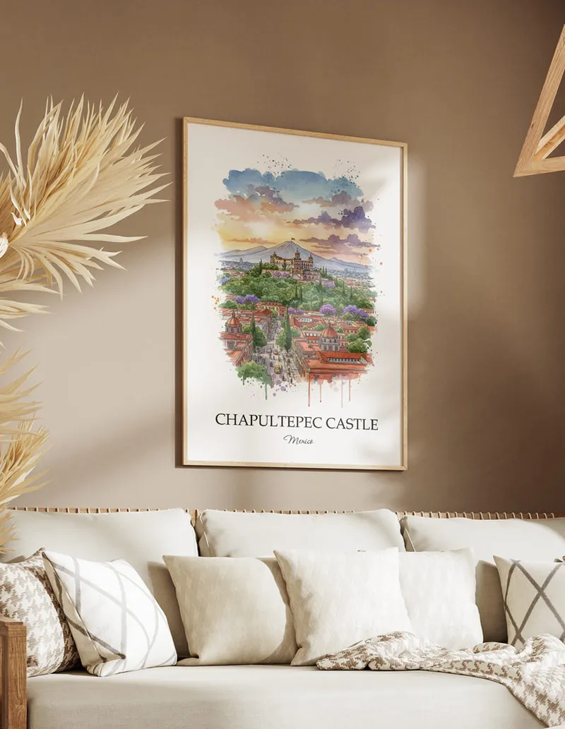 A clean and modern mockup showing a framed Chapultepec Castle, Mexico print on a minimalist background.