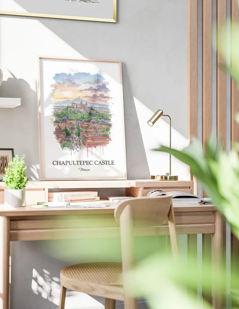 Framed wall art featuring Chapultepec Castle in Mexico in a light wood frame leaning on the floor.