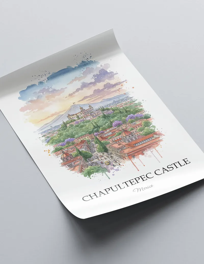 A lovely interior preview showcasing a vintage-vibe travel poster design of the scenic Chapultepec Castle in Mexico.