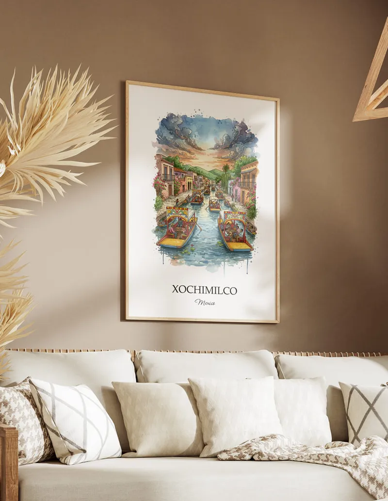 A clean and modern mockup showing a framed Xochimilco, Mexico print on a minimalist background.