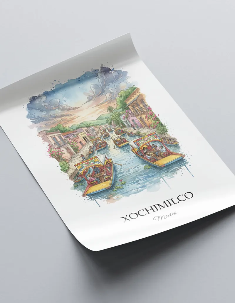 A lovely interior preview showcasing a vintage-vibe travel poster design of the scenic Xochimilco in Mexico.