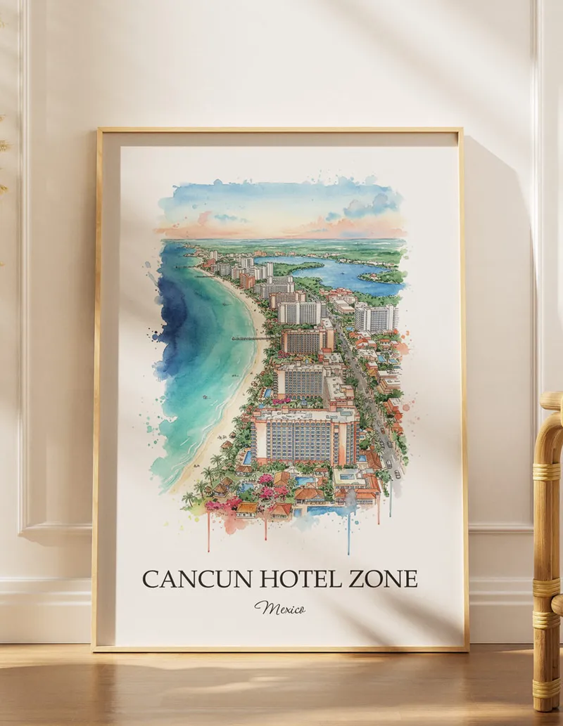 Minimalist poster of Cancun Hotel Zone in Mexico in a light frame standing by a window in a boho style room.