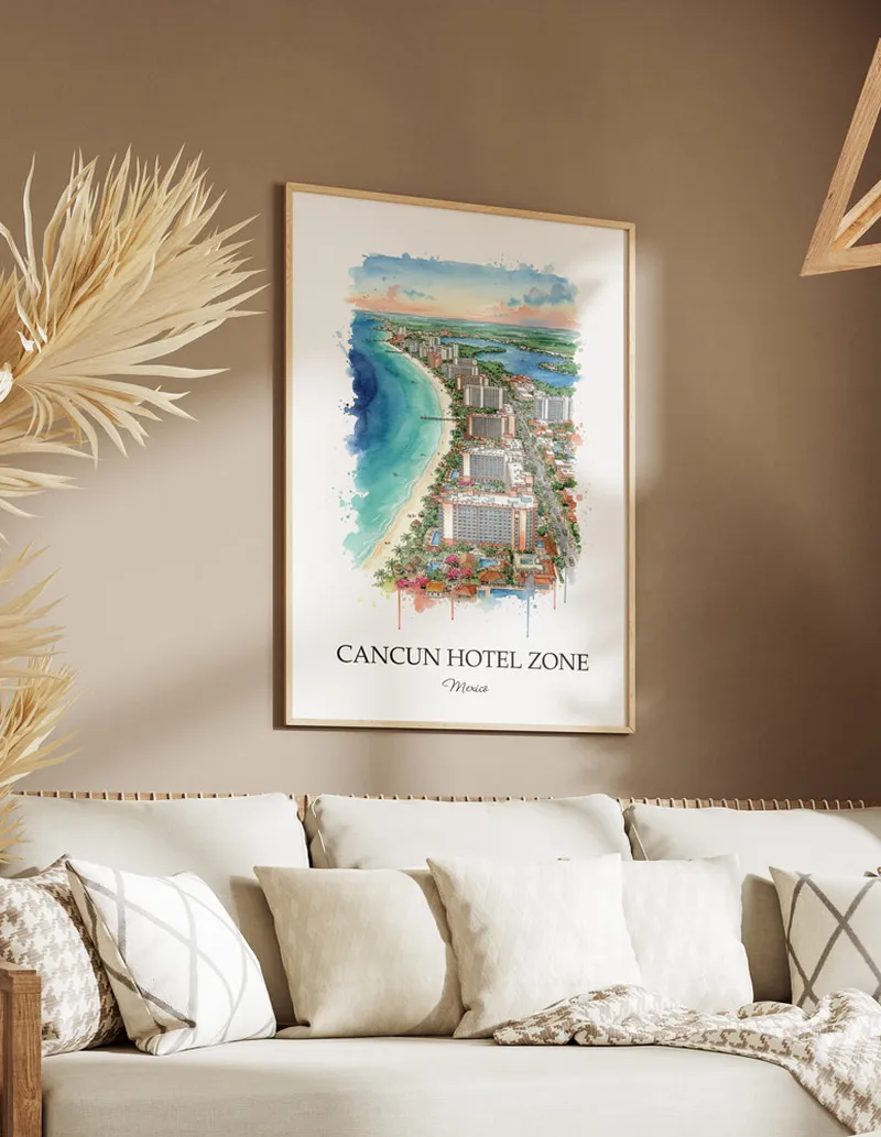 A clean and modern mockup showing a framed Cancun Hotel Zone, Mexico print on a minimalist background.
