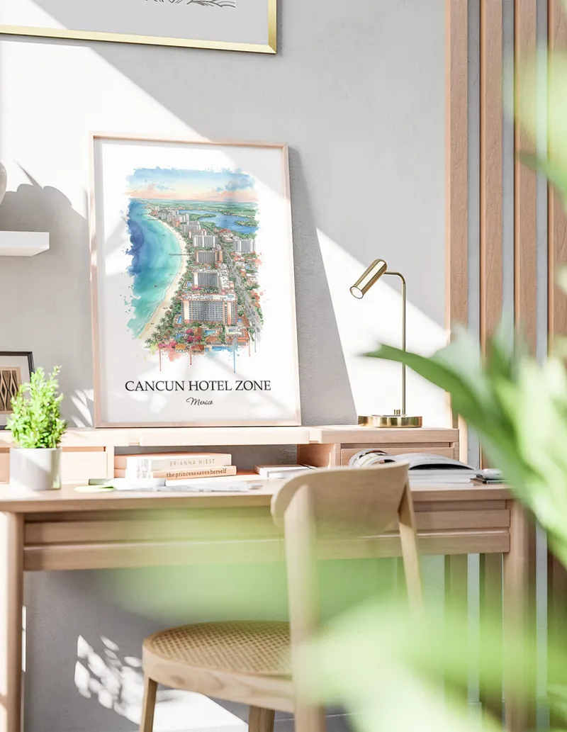 Framed wall art featuring Cancun Hotel Zone in Mexico in a light wood frame leaning on the floor.