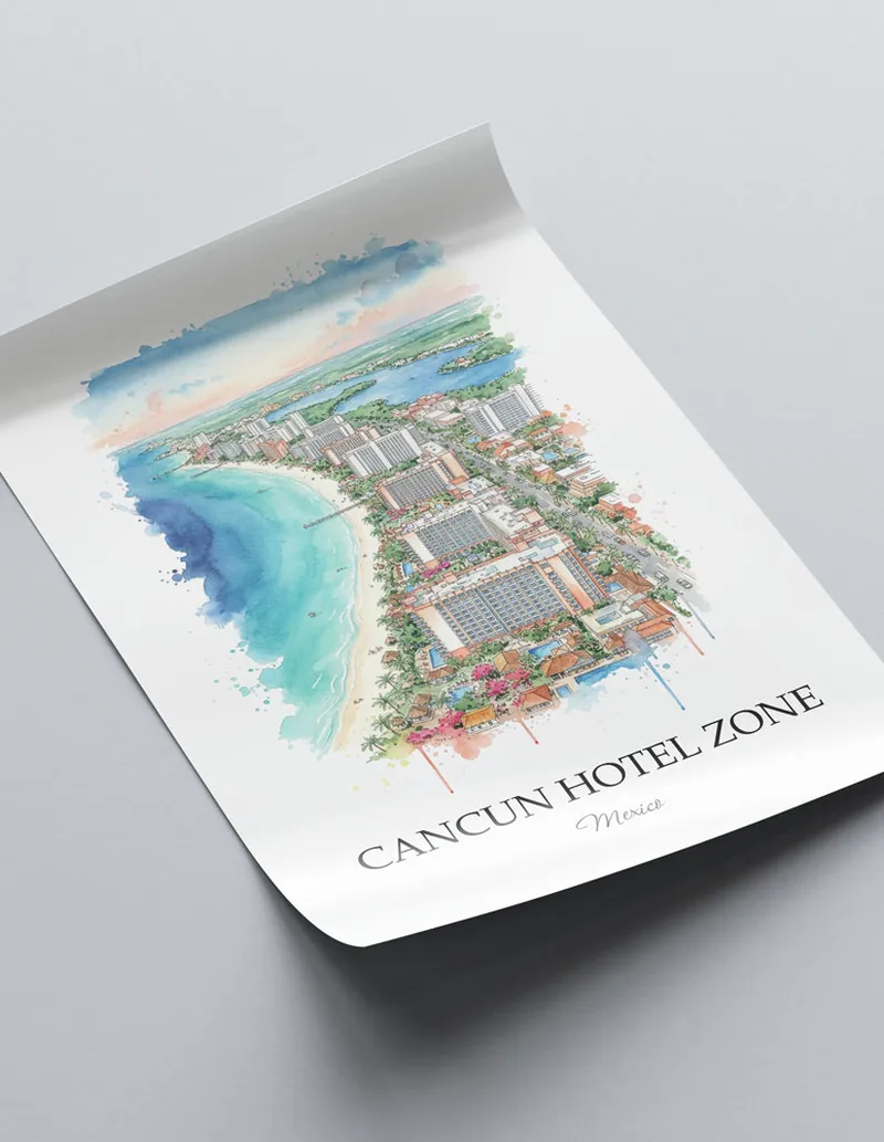 A lovely interior preview showcasing a vintage-vibe travel poster design of the scenic Cancun Hotel Zone in Mexico.