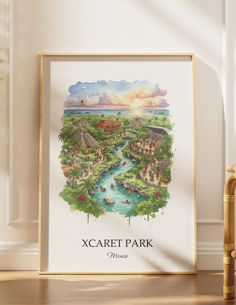 Minimalist poster of Xcaret Park in Mexico in a light frame standing by a window in a boho style room.