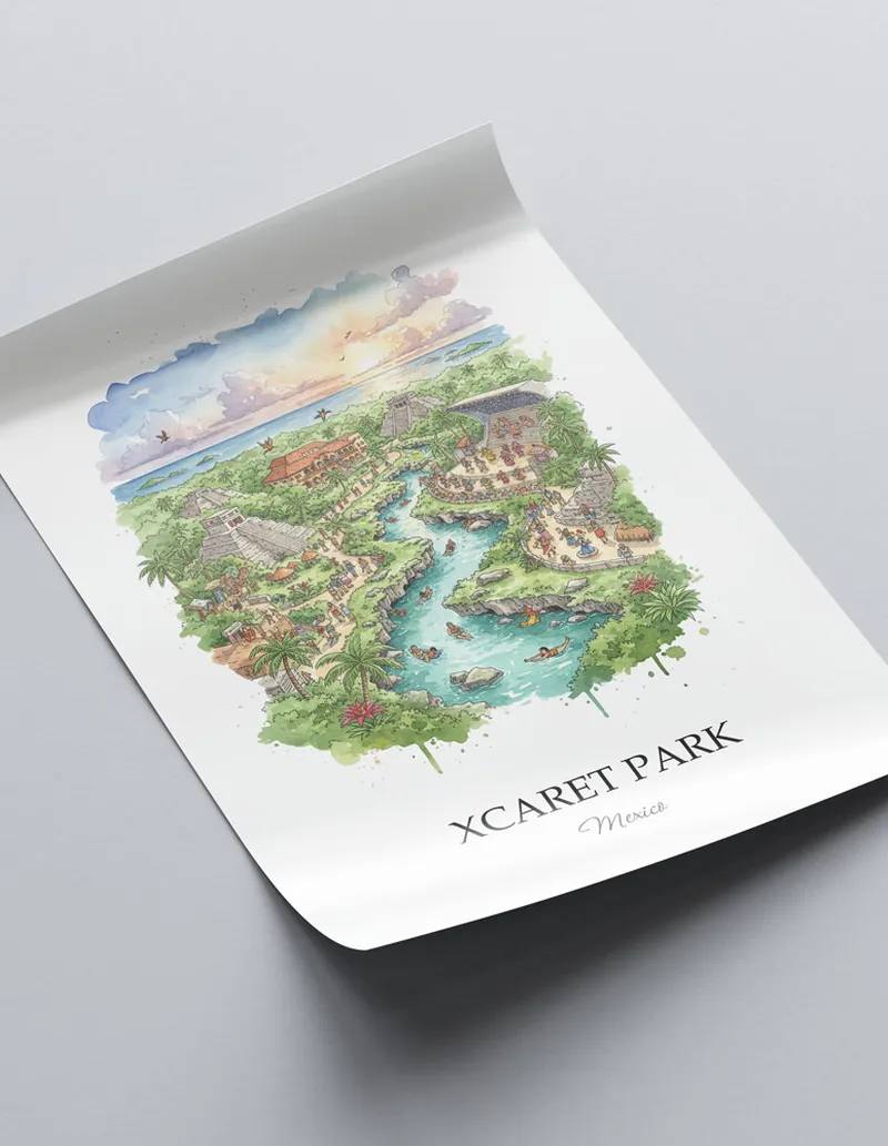 A lovely interior preview showcasing a vintage-vibe travel poster design of the scenic Xcaret Park in Mexico.