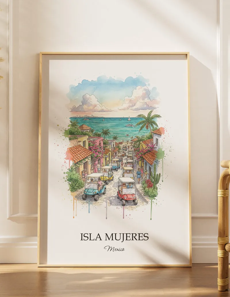 Minimalist poster of Isla Mujeres in Mexico in a light frame standing by a window in a boho style room.