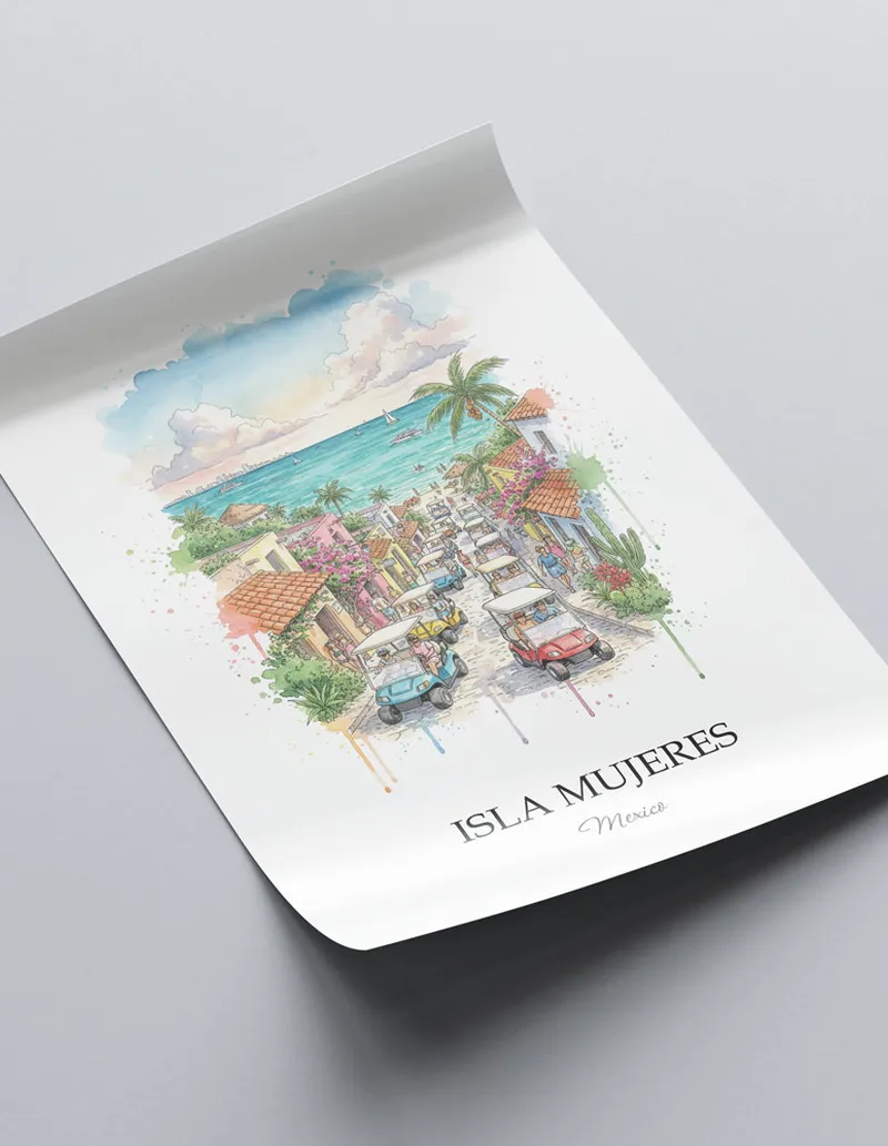A lovely interior preview showcasing a vintage-vibe travel poster design of the scenic Isla Mujeres in Mexico.
