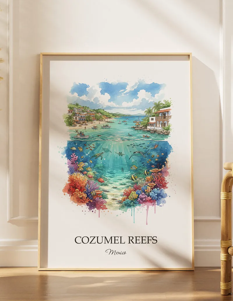 Minimalist poster of Cozumel Reefs in Mexico in a light frame standing by a window in a boho style room.