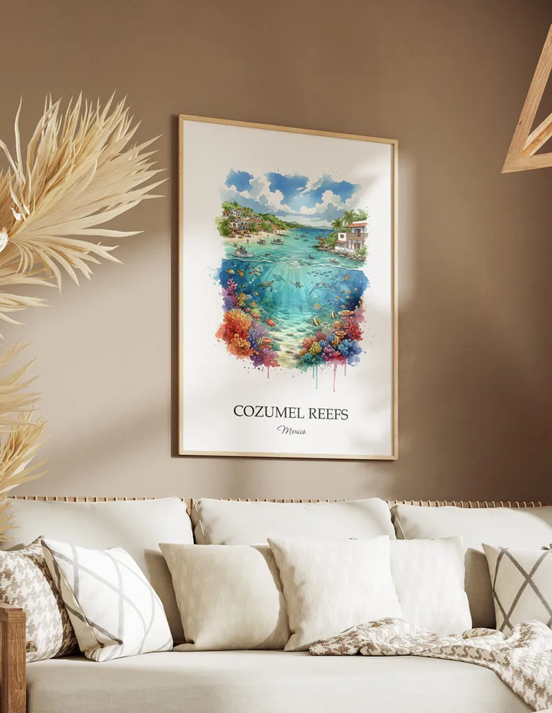 A clean and modern mockup showing a framed Cozumel Reefs, Mexico print on a minimalist background.