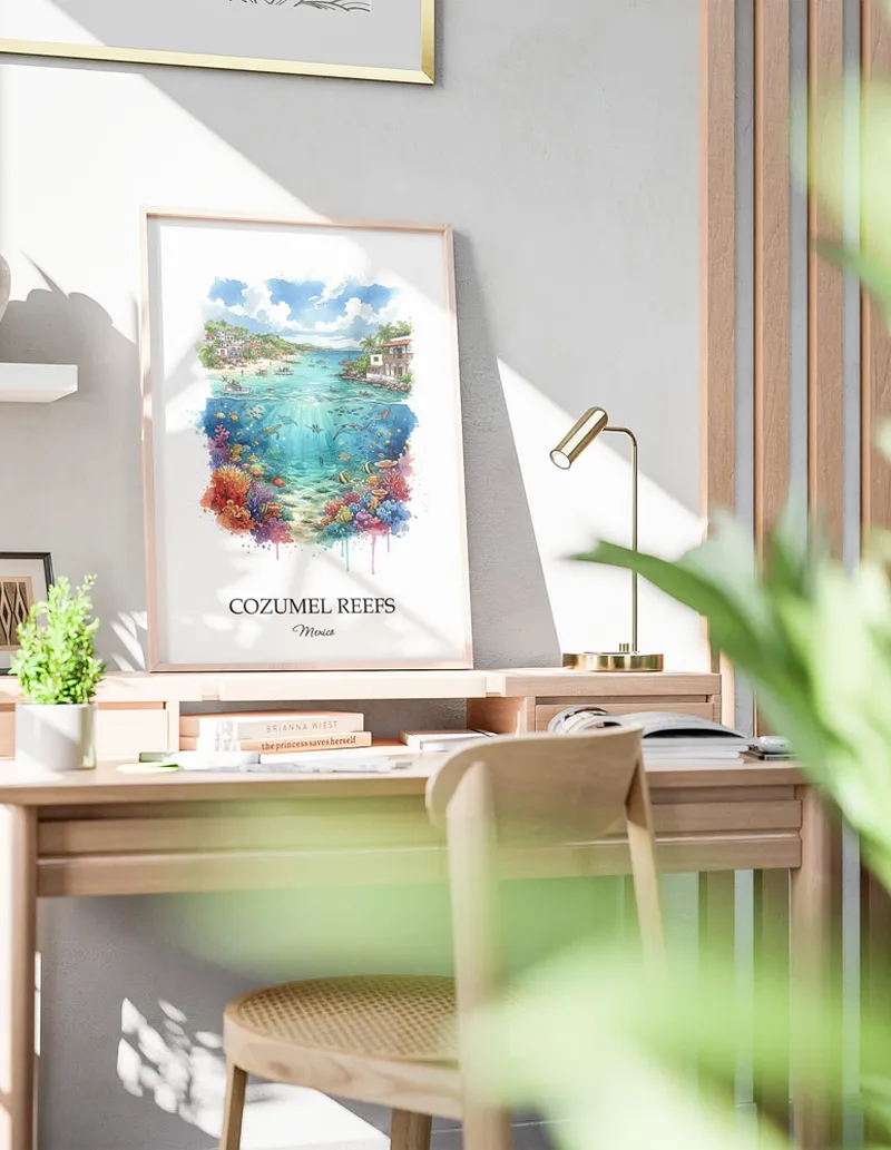 Framed wall art featuring Cozumel Reefs in Mexico in a light wood frame leaning on the floor.