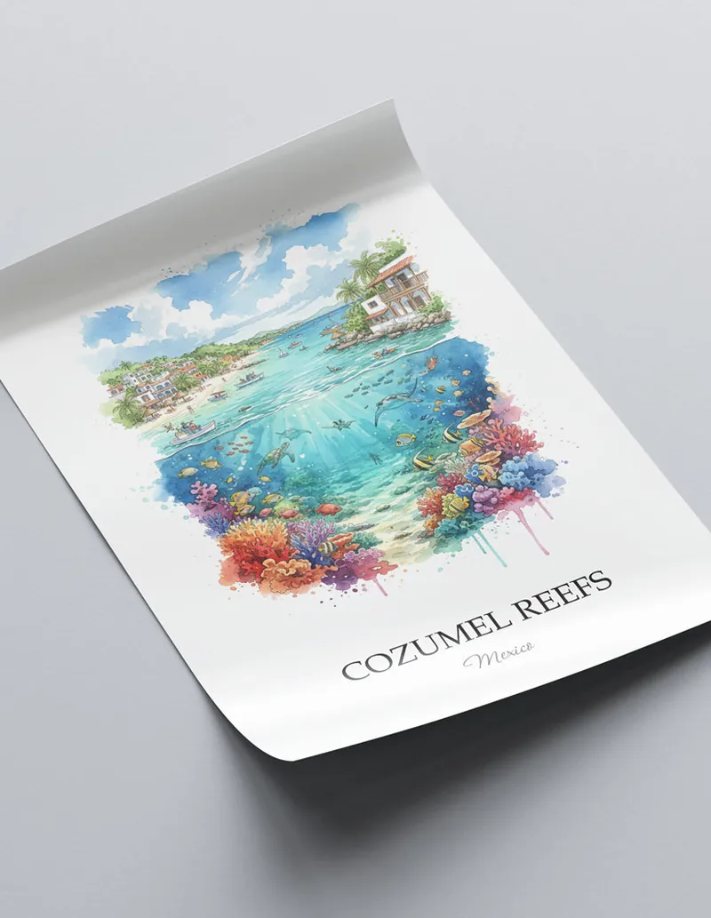 A lovely interior preview showcasing a vintage-vibe travel poster design of the scenic Cozumel Reefs in Mexico.