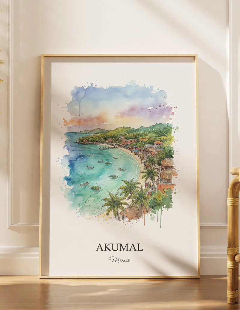 Minimalist poster of Akumal in Mexico in a light frame standing by a window in a boho style room.