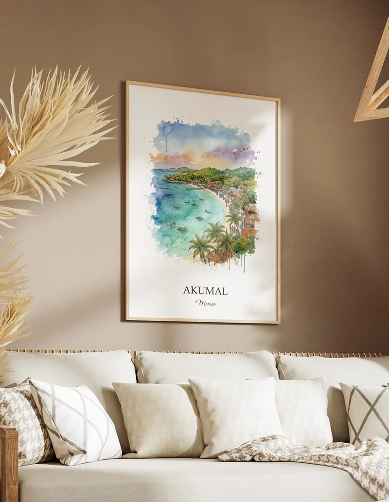 A clean and modern mockup showing a framed Akumal, Mexico print on a minimalist background.