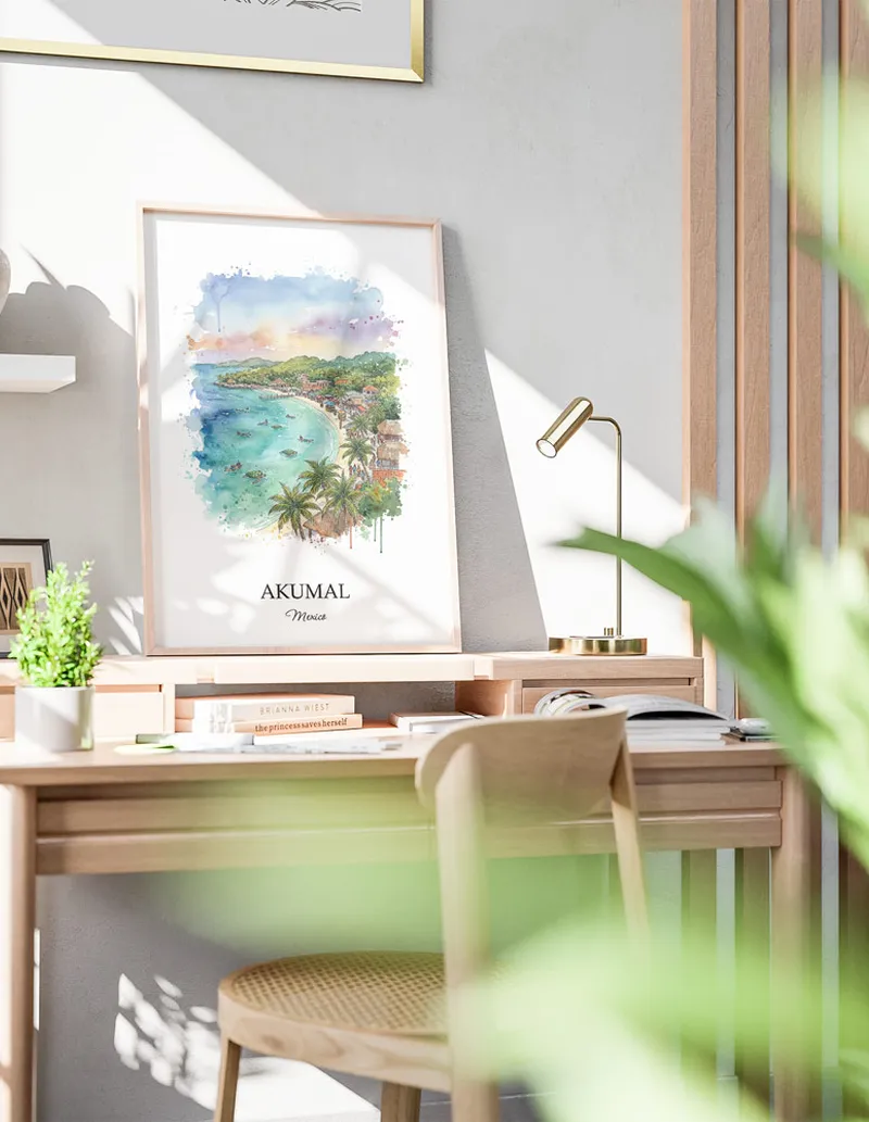 Framed wall art featuring Akumal in Mexico in a light wood frame leaning on the floor.