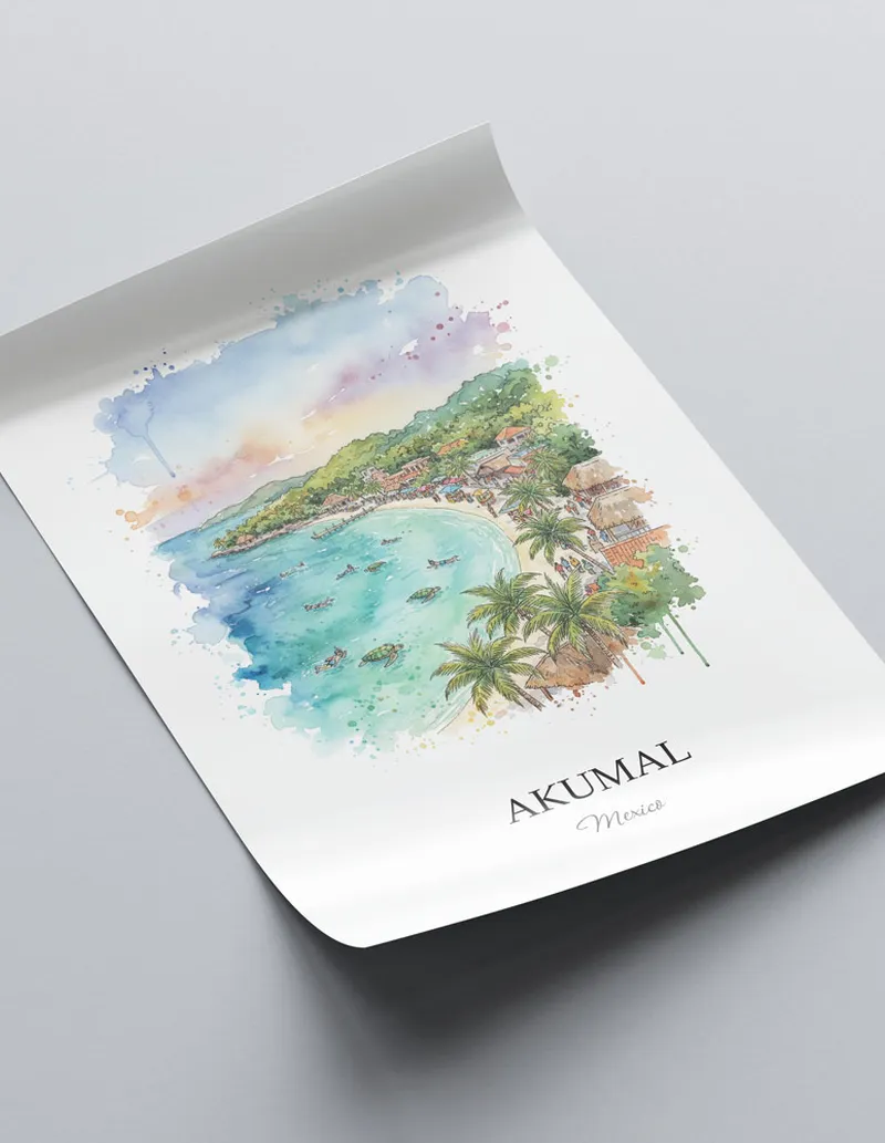 A lovely interior preview showcasing a vintage-vibe travel poster design of the scenic Akumal in Mexico.