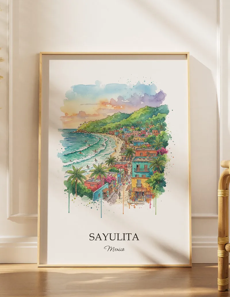 Minimalist poster of Sayulita in Mexico in a light frame standing by a window in a boho style room.