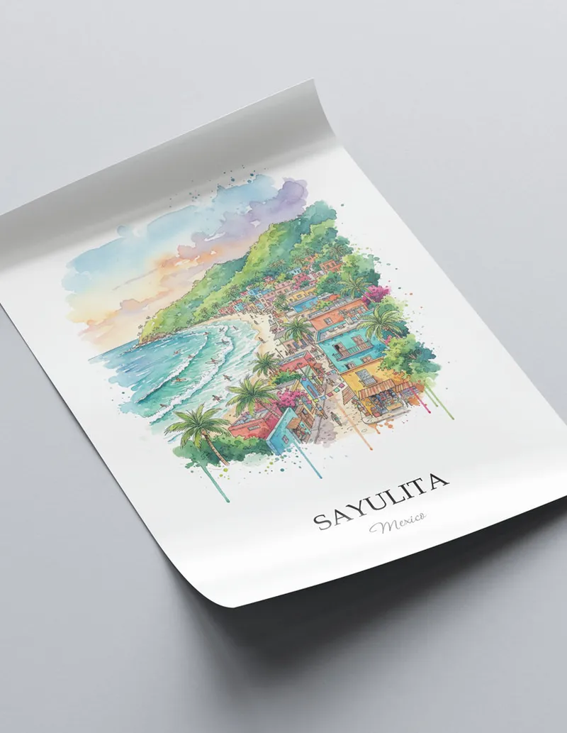 A lovely interior preview showcasing a vintage-vibe travel poster design of the scenic Sayulita in Mexico.