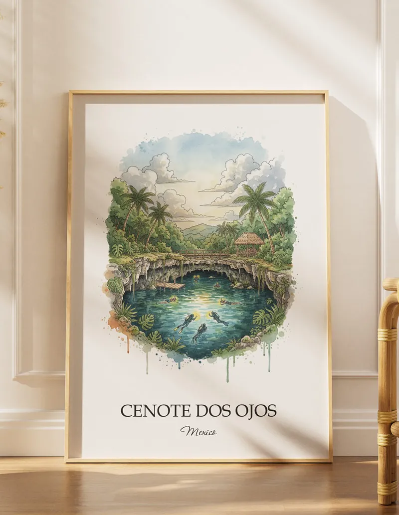 Minimalist poster of Cenote Dos Ojos in Mexico in a light frame standing by a window in a boho style room.