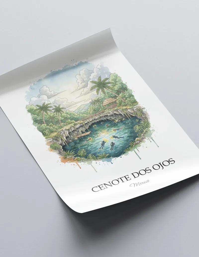 A lovely interior preview showcasing a vintage-vibe travel poster design of the scenic Cenote Dos Ojos in Mexico.