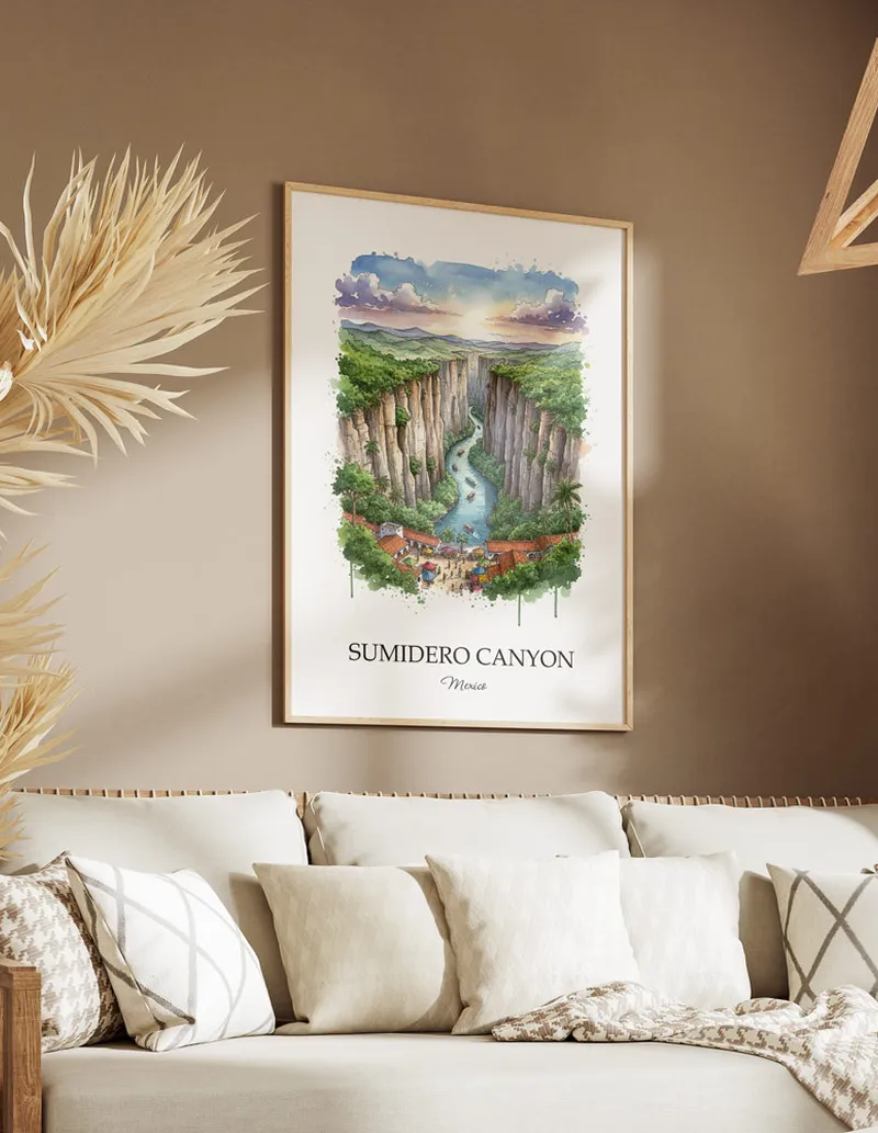 A clean and modern mockup showing a framed Sumidero Canyon, Mexico print on a minimalist background.